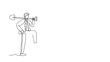 Poster - Animated self drawing of continuous line draw businessman digging ground with shovel and step on treasure chest. Success business, achievement, and discovery concept. Full length single line animation