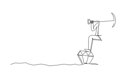 Poster - Self drawing animation of single line draw businessman holding pickaxe on shoulder and kicking big diamond. Success business achievement exploring concept. Continuous line draw. Full length animated