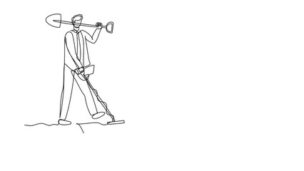 Poster - Self drawing animation of single one line draw businessman with shovel, detector looking for pile of diamonds. Worker treasure hunter finding precious stone. Continuous line draw. Full length animated