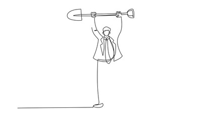 Poster - Animated self drawing of continuous line draw young businessman standing and lifting big shovel. Depicts hard work, success, achievement, discovery. Success concept. Full length one line animation