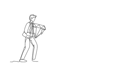 Poster - Animated self drawing of continuous line draw businessman walking and holding big diamond to digging hole. Man with precious stone. Successful business and finance. Full length single line animation