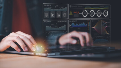 Aufkleber - Businessman reading graph report and business statistics charts ,Analysis and improvement of corporate strategy,manage financial and marketing documents ,Statistics and Data Concepts ,growth graph