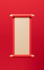 Red empty opening scroll on the red background, Spring Festival theme, 3d rendering.