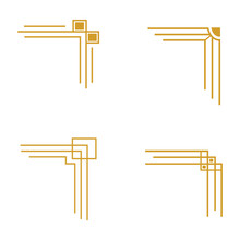 Art Deco Corners. Modern Graphic Corners For Vintage Gold Pattern Border. Golden Decorative Lines Frame Or Vector Ornaments  Decoration Geometric Frames Classic Isolated Symbols Vector Set Illustratio