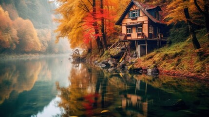 Wooden house in the forest with autumn trees. river side, generative ai