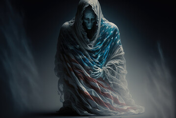 A pale white figure draped in a faded white cloth decorated with the American flag kneels on the ground and looks down solemnly.