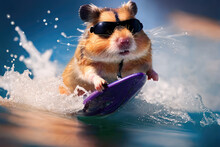 A Cute Hamster Wearing Sunglasses Catches A Wave And Body Surfs In The Ocean.