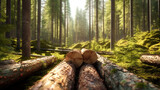 Fototapeta Fototapeta las, drzewa - Forest pine and spruce trees. Log trunks pile, the logging timber wood industry. Generative Ai