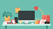 © ST.art - home office workspace concept, blank screen desktop computer on table with phone, cup, pencil holder, lamp, picture frame, book, digital clock and plant on desk, vector flat illustration