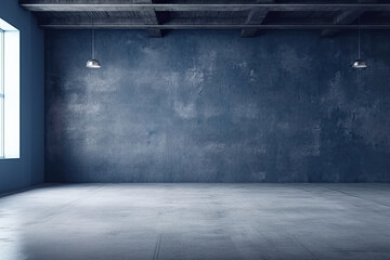 An empty blue grey room with concrete floor and wand walls. A big bright window to the left.