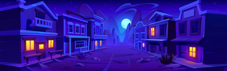 Night wild west city street with old wooden houses. Vector illustration of road running between saloon, hotel, sheriff office, shop buildings, full moon shining in dark sky. Adventure game background