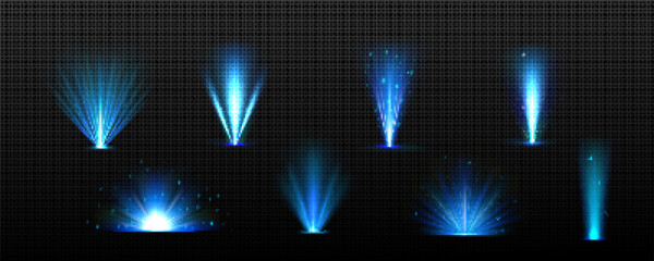 Poster - blue explode glow with light ray and shine vector effect. magic burst beam with flare and sparkle po