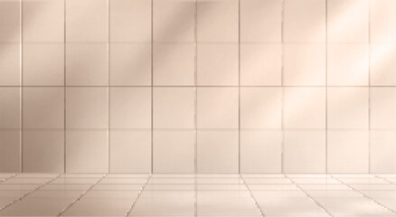 Poster - Bathroom studio with ceramic tile wall and floor vector illustration. Square clean pattern for light toilet interior. Beige geometric abstract bath room mockup with shadow. Pastel glossy construction