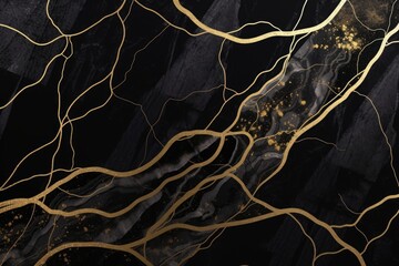 abstract black marble background with golden veins, japanese kintsugi technique, fake painted artificial stone texture, marbled surface, digital marbling, Generative AI