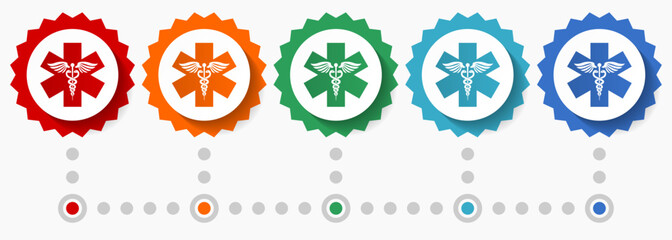 Poster - Emergency, hospital vector icon set, colorful infographic template, set of flat design badge icons in 5 color options