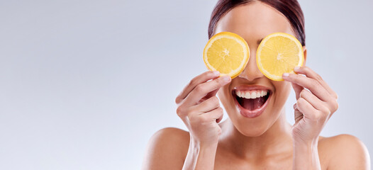 Wall Mural - Skincare, mockup or happy woman with orange as natural facial with citrus or vitamin c for wellness. Studio background, smile or healthy girl model smiling with organic fruits for dermatology beauty