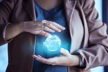 Aufkleber - Woman, hands and hologram earth in night at office for global network, communication and digital transformation. Female IT expert, 3d holographic world and cloud computing in dark workplace with ux