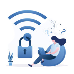 Wall Mural - Businesswoman working on laptop offline. Woman user does not know password for wireless network. wifi sign with padlock, good encryption. Wireless security, safety for internet connection.