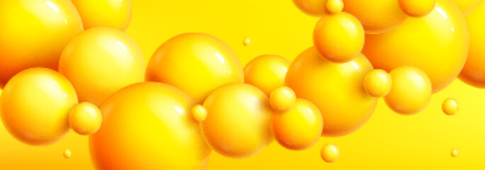 Poster - Abstract background with 3d spheres, plastic balls. Poster, banner template with pattern of flying glossy yellow bubbles. Creative wallpaper with circle objects, vector realistic illustration