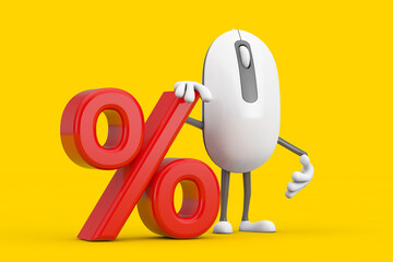 Poster - Computer Mouse Cartoon Person Character Mascot with Red Retail Percent Sale or Discount Sign. 3d Rendering