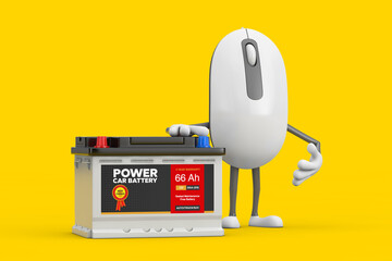 Leinwandbilder - Computer Mouse Cartoon Person Character Mascot and Rechargeable Car Battery 12V Accumulator with Abstract Label. 3d Rendering