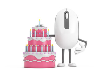 Aufkleber - Computer Mouse Cartoon Person Character Mascot with Birthday Cartoon Dessert Tiered Cake and Candles. 3d Rendering
