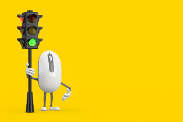 Aufkleber - Computer Mouse Cartoon Person Character Mascot with Traffic Green Light. 3d Rendering