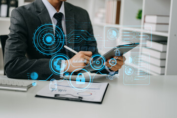 Wall Mural - cyber security data protection business working on compute intelligenc digital tablet global network