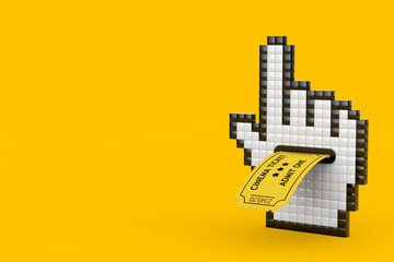 Poster - pixel hand cursor icon with yellow cinema ticket. 3d rendering