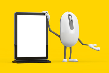 Leinwandbilder - Computer Mouse Cartoon Person Character Mascot with Blank Trade Show LCD Screen Display Stand as Template for Your Design. 3d Rendering