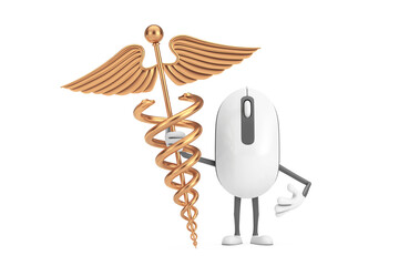 Poster - Computer Mouse Cartoon Person Character Mascot with Golden Medical Caduceus Symbol. 3d Rendering