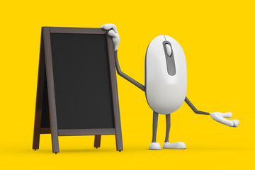 Fototapete - Computer Mouse Cartoon Person Character Mascot with Blank Wooden Menu Blackboards Outdoor Display. 3d Rendering