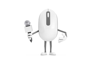 Leinwandbilder - Computer Mouse Cartoon Person Character Mascot with Modern Chrome Microphone. 3d Rendering