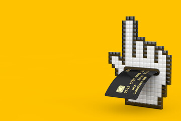 Leinwandbilder - Pixel Hand Cursor Icon with Black Plastic Golden Credit Card with Chip. 3d Rendering