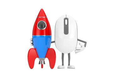 Poster - Computer Mouse Cartoon Person Character Mascot with Cartoon Toy Rocket. 3d Rendering