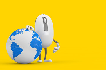 Fototapete - Computer Mouse Cartoon Person Character Mascot with Earth Globe. 3d Rendering