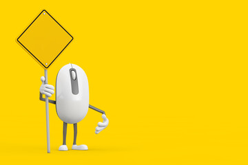 Fototapete - Computer Mouse Cartoon Person Character Mascot and Yellow Road Sign with Free Space for Yours Design. 3d Rendering