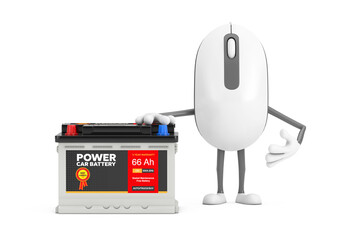 Leinwandbilder - Computer Mouse Cartoon Person Character Mascot and Rechargeable Car Battery 12V Accumulator with Abstract Label. 3d Rendering