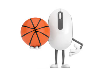 Wall Mural - Computer Mouse Cartoon Person Character Mascot with Basketball Ball. 3d Rendering