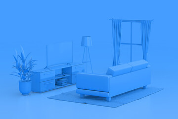 Poster - Blue Monochrome Duotone Room Modern Interior with Window, TV, Carpet and Sofa. 3d Rendering