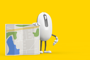 Aufkleber - Computer Mouse Cartoon Person Character Mascot with Abstract City Plan Map. 3d Rendering