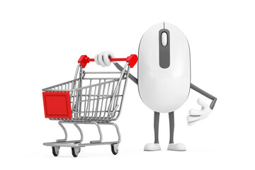 Poster - Computer Mouse Cartoon Person Character Mascot with Shopping Cart Trolley. 3d Rendering