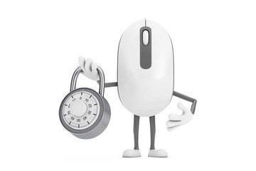 Aufkleber - Computer Mouse Cartoon Person Character Mascot with Silver Combination Padlock. 3d Rendering