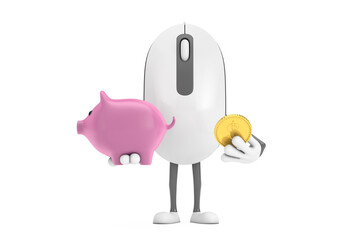 Leinwandbilder - Computer Mouse Cartoon Person Character Mascot with Piggy Bank and Golden Dollar Coin. 3d Rendering