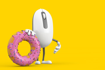 Poster - Computer Mouse Cartoon Person Character Mascot with Big Strawberry Pink Glazed Donut. 3d Rendering