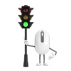 Poster - Computer Mouse Cartoon Person Character Mascot with Traffic Green Light. 3d Rendering