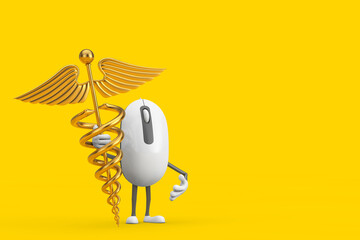 Poster - Computer Mouse Cartoon Person Character Mascot with Golden Medical Caduceus Symbol. 3d Rendering