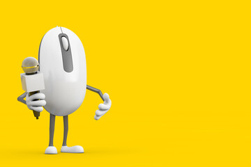 Leinwandbilder - Computer Mouse Cartoon Person Character Mascot with Modern Chrome Microphone. 3d Rendering