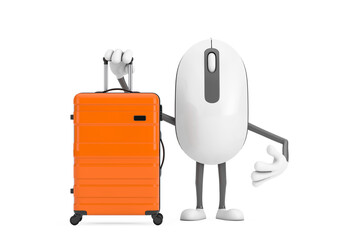 Poster - Computer Mouse Cartoon Person Character Mascot with Orange Travel Suitcase. 3d Rendering