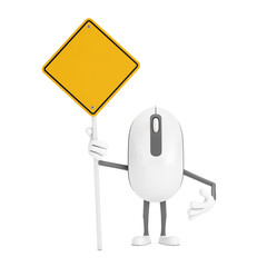 Poster - Computer Mouse Cartoon Person Character Mascot and Yellow Road Sign with Free Space for Yours Design. 3d Rendering